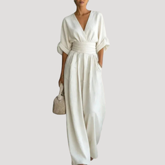 Reena | Damen Jumpsuit Weites Bein V-Ausschnitt Overall in Weiß