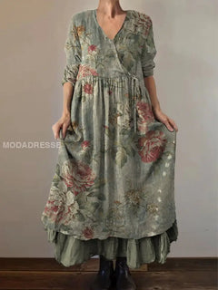 Vintage Chic V-Ausschnitt Midi Kleid mit Retro Blumen Druck und Knopf-Down-Details in A