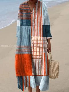 Vintage Lässiges Langarmkleid mit Retro Geometrischem Druck und V-Ausschnitt in A