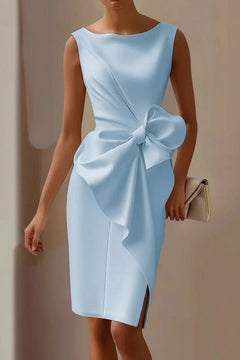 Elisabeth | Ärmelloses Midi-Cocktailkleid mit Schleife und Beinschlitz in Blau
