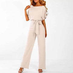 Rosalinde | Damen Jumpsuit Mit Weiten Beinen Und Gürtel in Beige