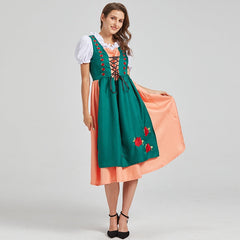Damen Traditionelles Deutsches Midi Oktoberfest Dirndl Kleid in Grün / Pfirsich