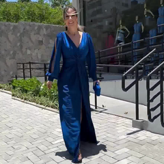 Women's Glossy Flowy Solid Color Floor-Length Dress in Blue