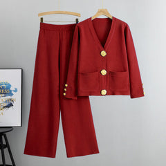 Lieselotte | Damen-Set Knopf-Pullover & Weitbein-Hose in Rot