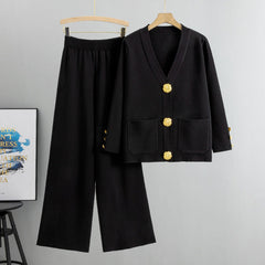 Lieselotte | Damen-Set Knopf-Pullover & Weitbein-Hose in Schwarz