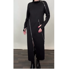 IDA | Modisches einfarbiges Maxikleid für Damen mit drei Reißverschlüssen in Schwarz
