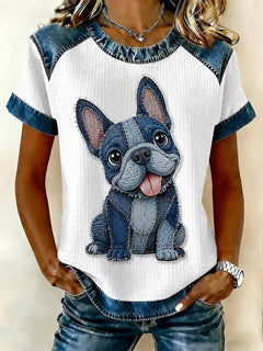 Damen Denim Patchwork Waffel lässiges T-Shirt mit Hunde druck in Weiß