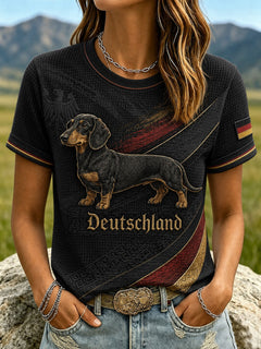 Damen-T-Shirt mit Dackel-Print aus Waffelstoff, kurzärmelig in Schwarz