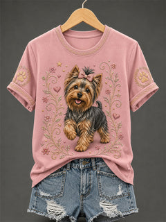 Damen-Retro-T-Shirt mit Blumen- und Hunde-Print, lässig in Rosa