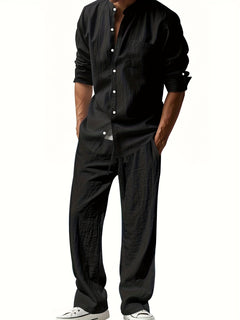 Theron | Herren Stehkragen Zweiteiler Hemd und Hose Set in Schwarz