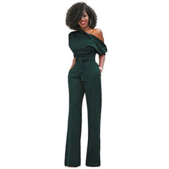 Veronica | Damen One Shoulder Weites Bein Jumpsuit in Militärgrün