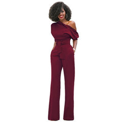Veronica | Damen One Shoulder Weites Bein Jumpsuit in Weinrot