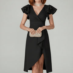 Florence | Elegantes Damen-Wickelkleid mit V-Ausschnitt und Rüschenärmeln in Klassisches Schwarz
