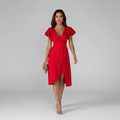 Florence | Elegantes Damen-Wickelkleid mit V-Ausschnitt und Rüschenärmeln in Leuchtendes Rot