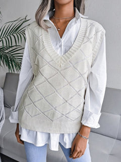 Vania® | Lässiger Strickpullover mit V-Ausschnitt und hohlen Diamanten für Damen in Weiß